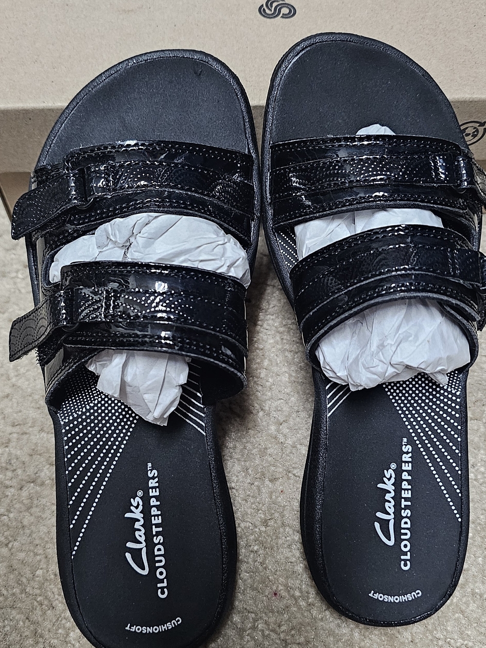 Cloudsteppers by Clarks Black Patent Double-Strap Slide Sandals